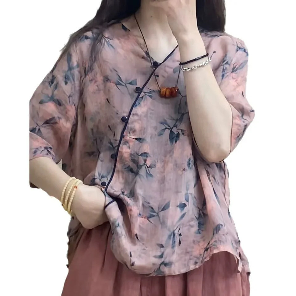 Summer Womens Cotton Linen Set Print Splicing Slimming TwoPiece Suit Fashionable Harlan Pants VNeck Short Sleeve Top 250609