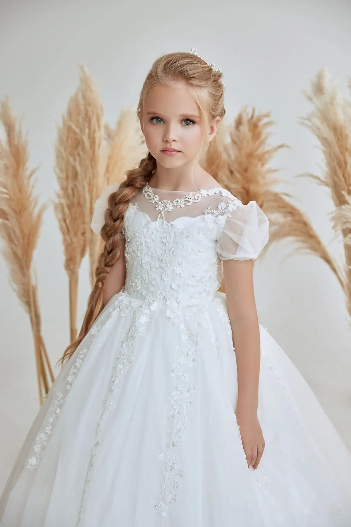 Elegant White Flower Girl Dress Short Sleeve Lovely Princess Satin Ball Gown For Kids Birthday Gift Party First Communion Dress 250614