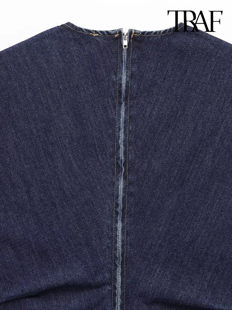 TRAF Womens Fashion Street Style Vintage Denim Mini Dress Simple Casual Solid Color Round Neck Waisted Back Zipper Dress 250609