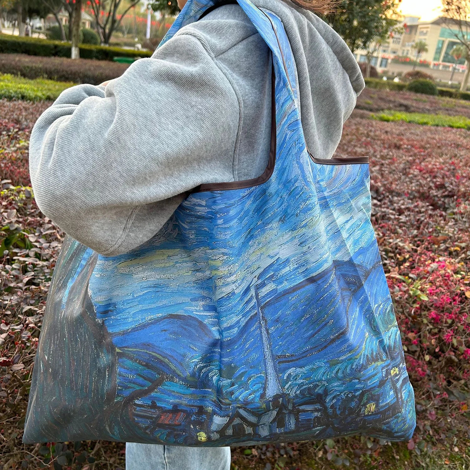 Oil Painting Style Foldable Shopping Bags Large-Sized Thick Nylon Tote Bag Reusable Washable Portable Travel Pouch Beach bag 250610