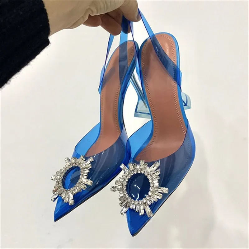 French Crystal High Heels Womens Summer Rhinestone Sun Buckle Pointed Baotou Transparent Thin Heel Sandals 250610