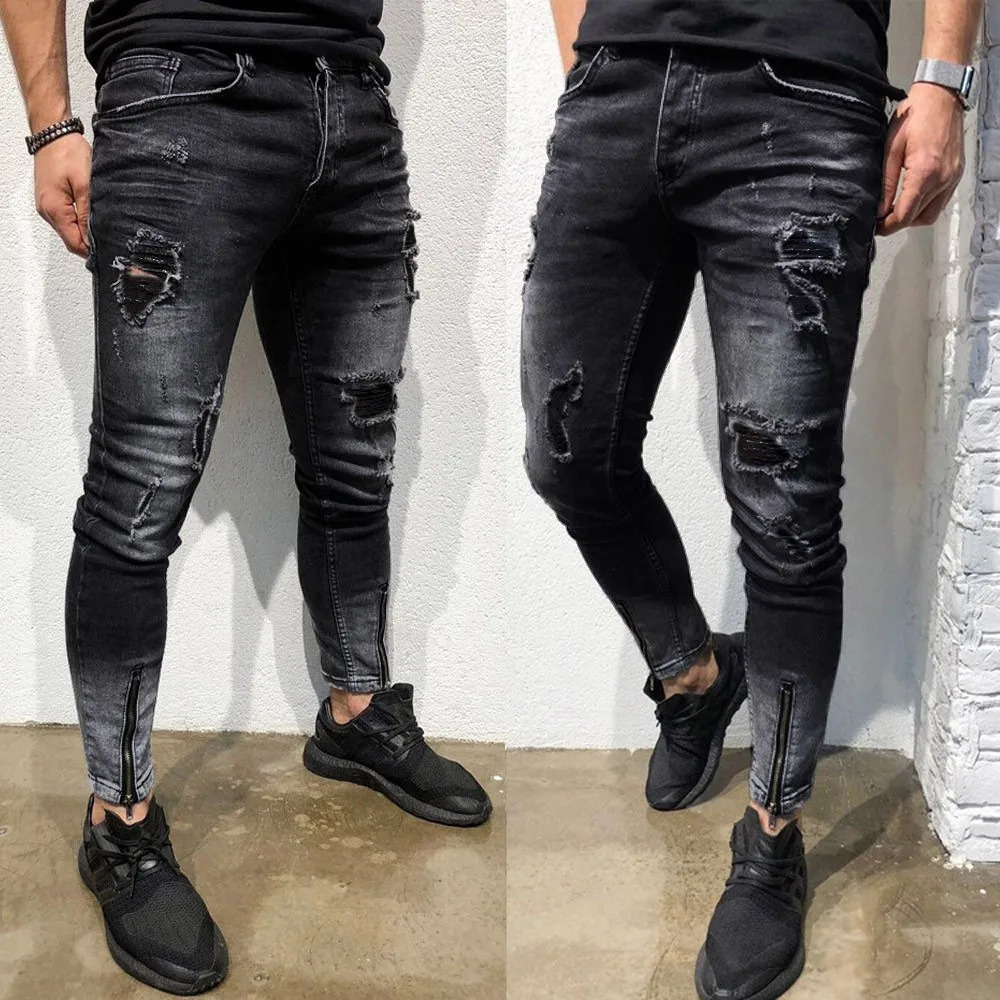 Mens Black Holes Denim Pants Fashion Distressed Ripped Frayed Slim Fit Jeans Trousers Spring Summer High Waist Streetwear 250614