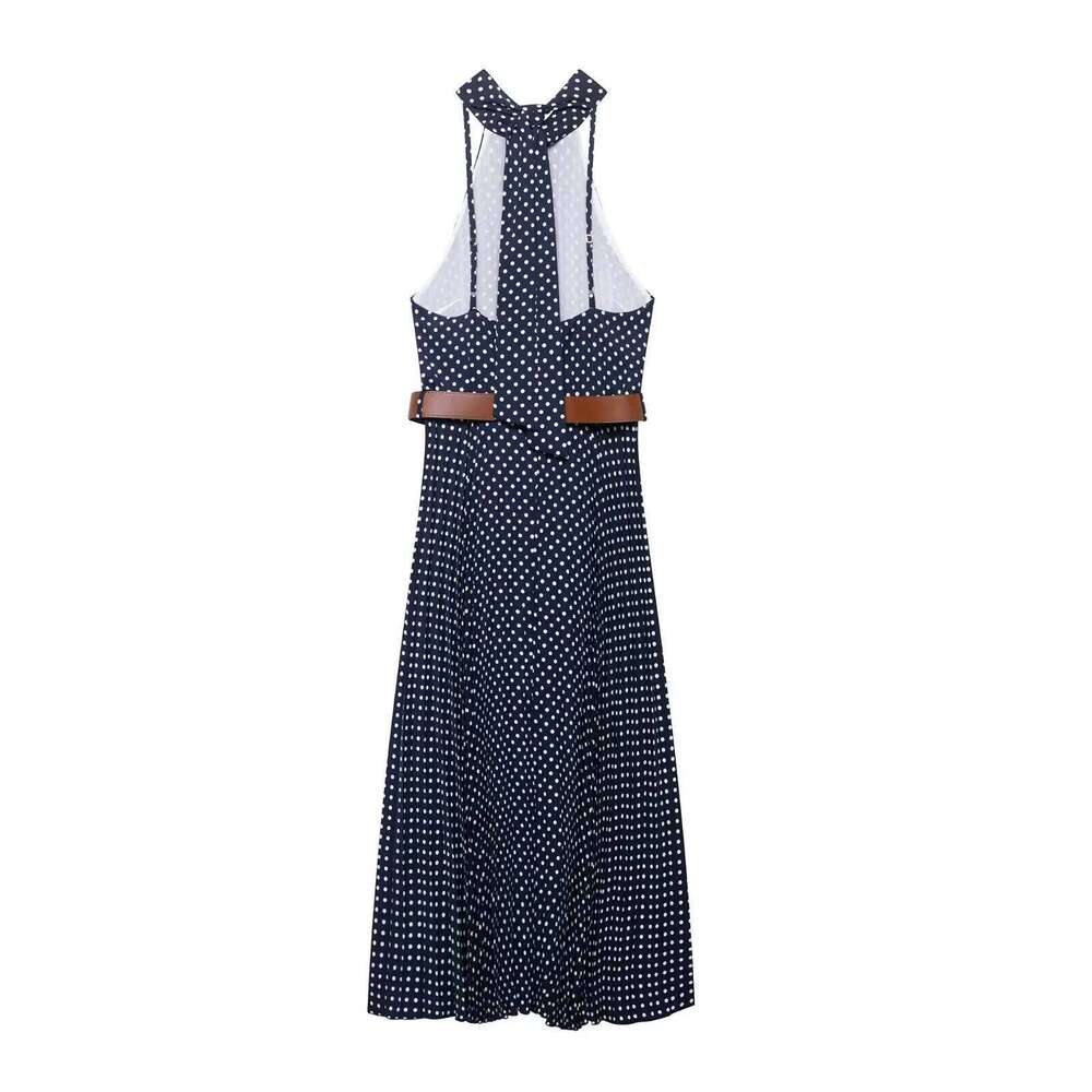 Women's Elegant And Stylish Sleeveless Off Shoulder Halter Neck Mid Length Polka - Dot Dress With Belt Decoration