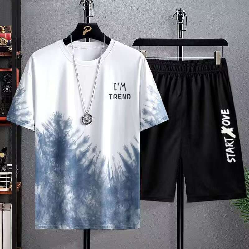 Trendy Printed Short Sleeve T-Shirt Summer New Men's Casual Set Plus Size Shorts Sports Outdoor Two-Piece