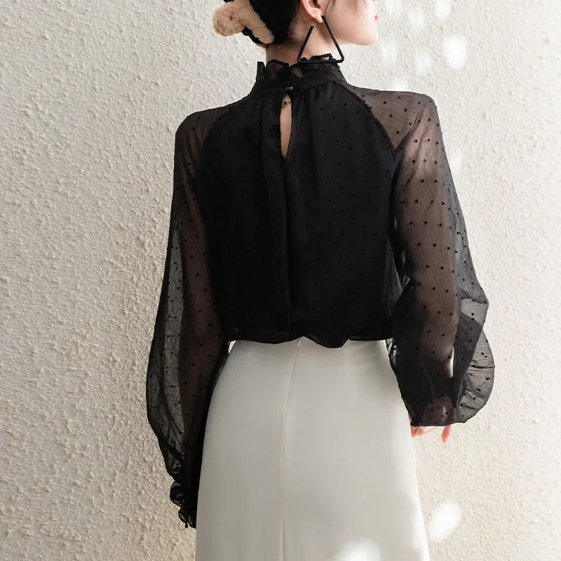 Spring Summer Black Polka Dots Mesh Womens Chiffon Blouses Long Sleeve Stand Collar Vintage Loose Shirts Female 250614