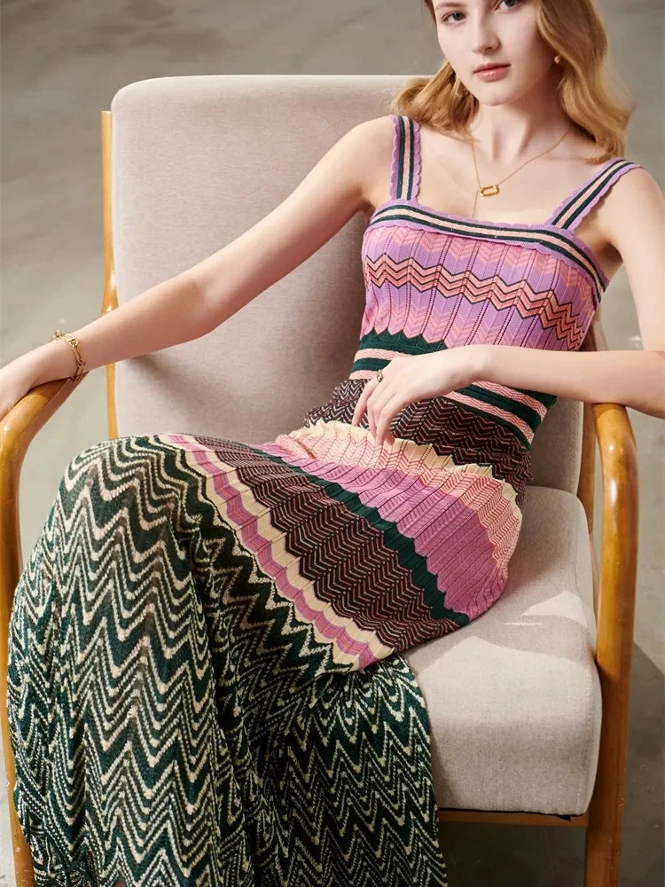 y Arab Women Strap Tank Long Zigzag Casual Vacation Fancy Boho Maxi Dress Elegant Vintage Sundress Female Holiday Clothing 250611