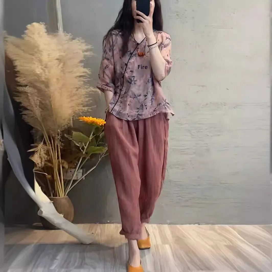 Summer Womens Cotton Linen Set Print Splicing Slimming TwoPiece Suit Fashionable Harlan Pants VNeck Short Sleeve Top 250609