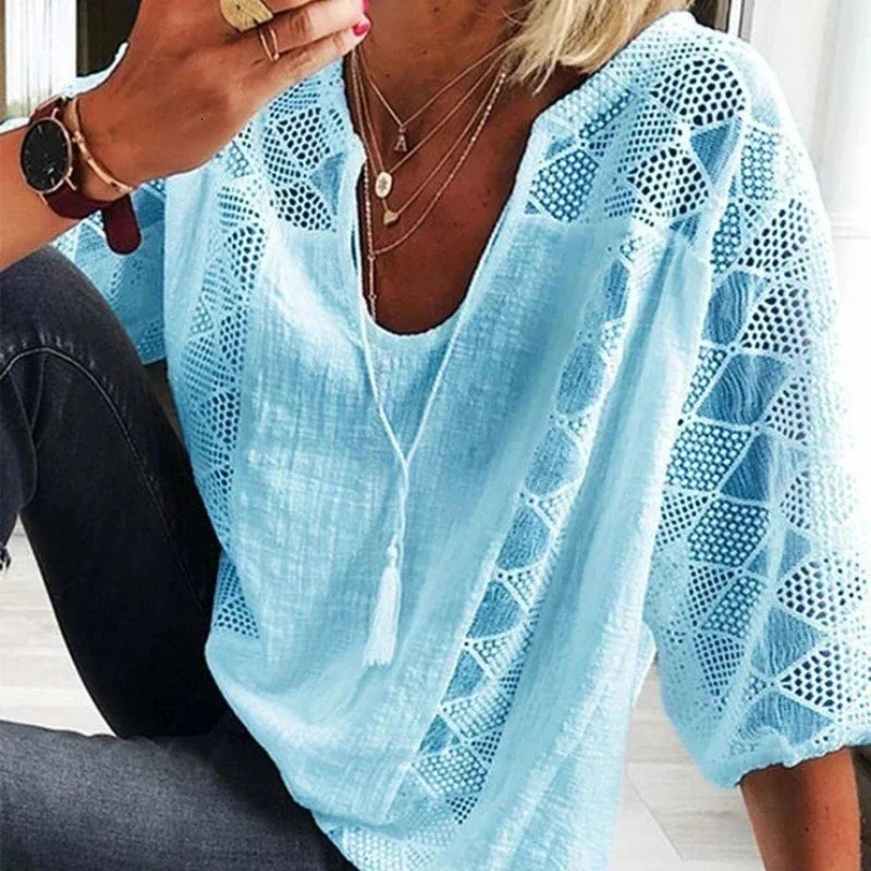 Elegant Summer Lace Stitching Blouse Women Vintage Uneck Tops Three Quarter Sleeve Cotton Shirt Casual Loose Clothes 24294 250614
