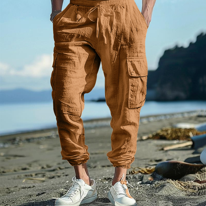 sweatpants Men's pants linen sports pants jogging wear trendy long pants casual corset multi-pocket lace-up solid color loose large-sized Europea