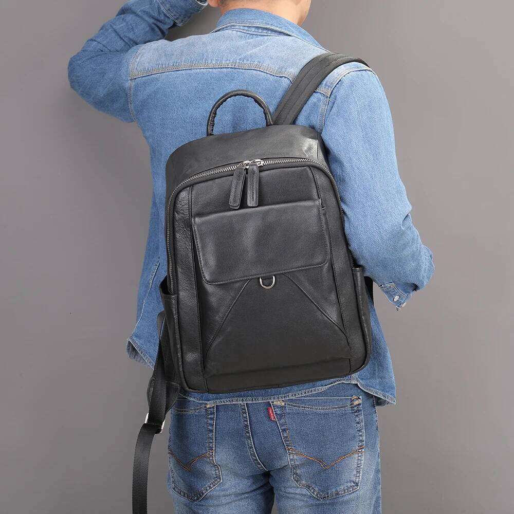 WESTAL New Men's Leather Cowhide 14 Inch Computer Backpack For Middle School Students