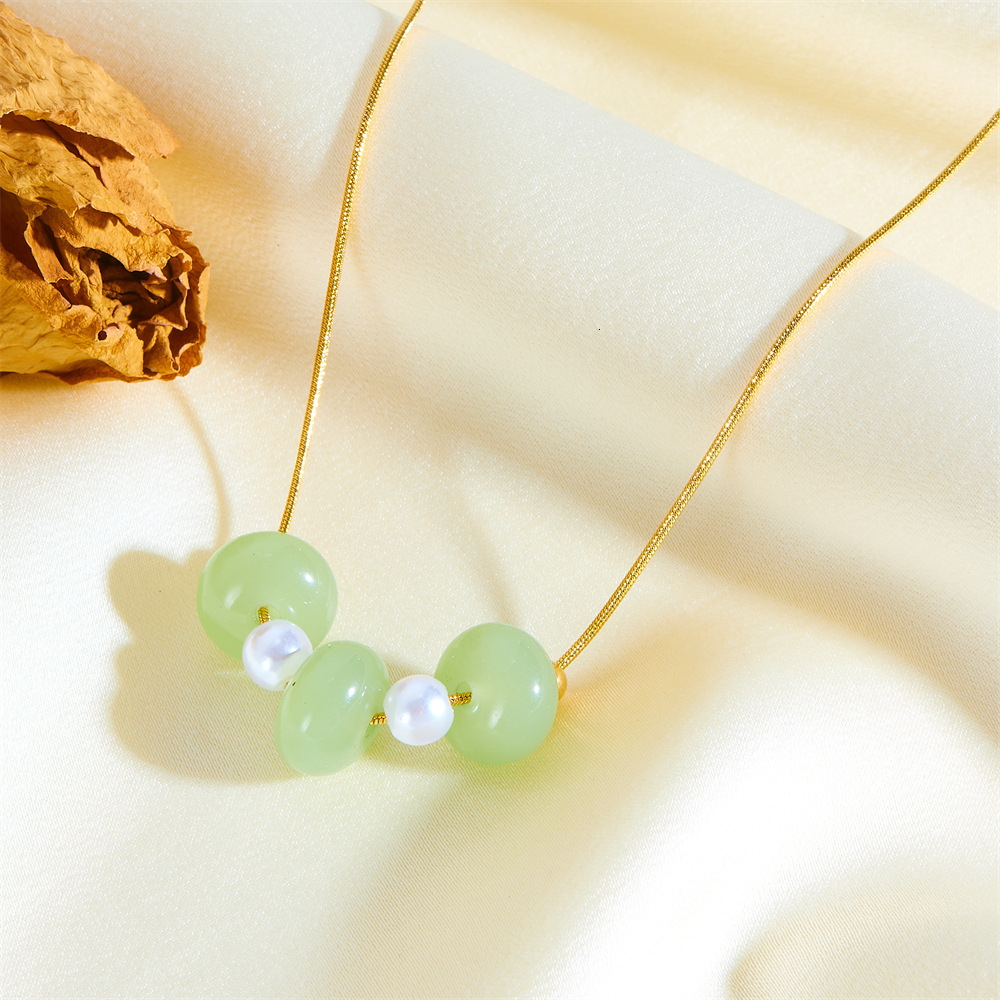 Light Fashion Simple Personality Versatile Pearl Jade Double Layer Stacked Necklace for Women Titanium Steel Non-Fading Jewelry