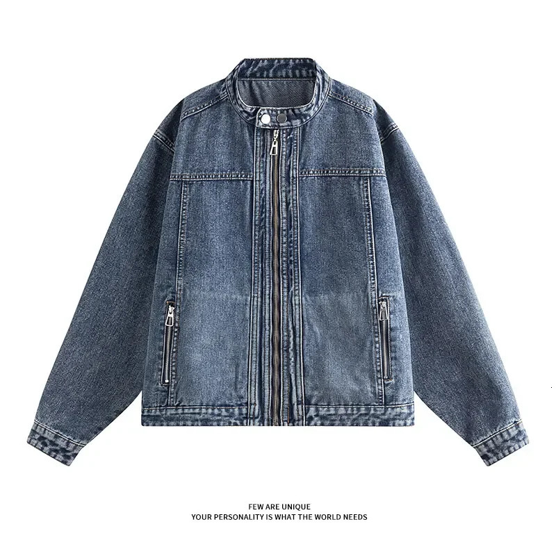 Motorcycle Denim Jacket Men Hip Hop Distressed Coat Zipper Pocket Vintage Washed Loose Jeans Unisex 250614