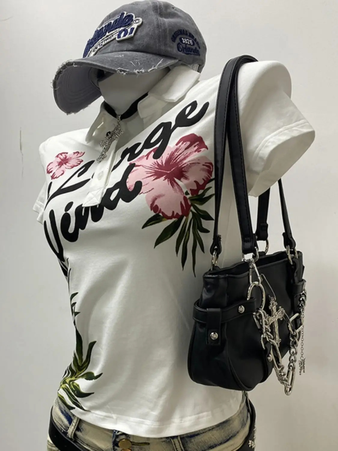 American Sweetwear Vintage Petal Printed Polo Shirts Short sleeved T-shirt for Womens 2025 Summer Harajuku Ladies Y2k Tops 250609