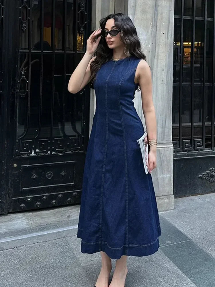 Casual Blue Denim Long Dress Lady 2025 Sleeveless A-line Vestido High Waist Loose Round Neck Streetwear Daily Women Fashion 250609