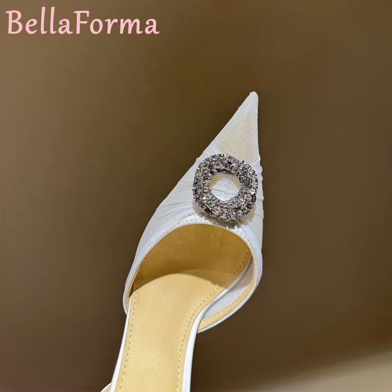 Womens Pleated Lace Translucent Wedding Shoes Silk Crystal Elegant Sexy Dress Banquet Stiletto High Heels Slingback Sandals 250610