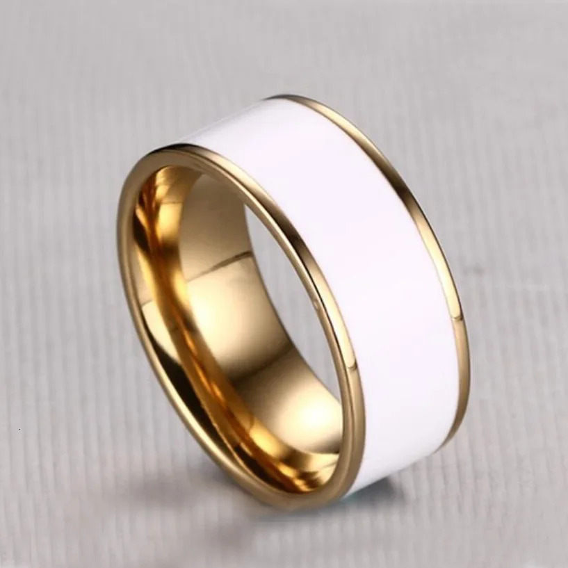 Gold Color Plating Stainless Steel Rings Cover Pure White Enamel Classic Ring Inisde Polished For Women Man Valentine 250610