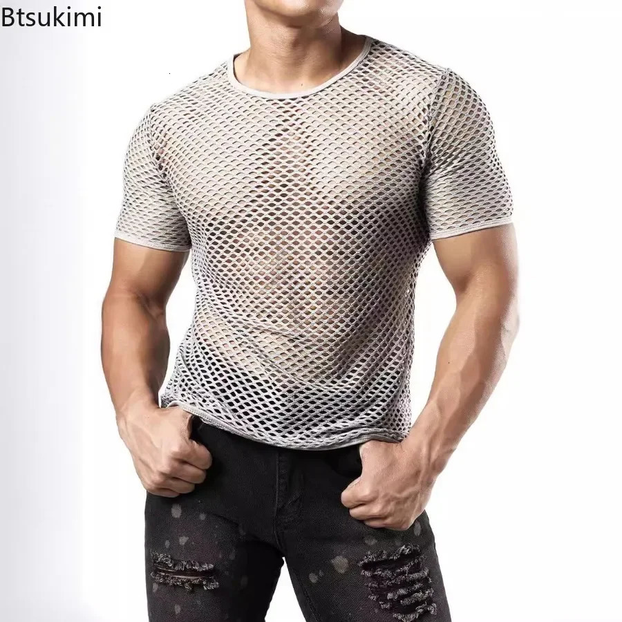 Mens Sexy Mesh T-shirts Transparent Hollow Out Fishnet Short Sleeve O-neck Tops Men Sport Fitness Tees Nightclub Vest 250614