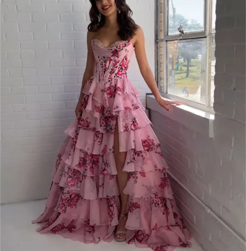 Elegant Pink Floral Tiered Ruffle Prom Dresses Side Slit Strapless A-Line Tiered Long Evening Gown Lace Appliques Sweetheart Neckline Corset Special O