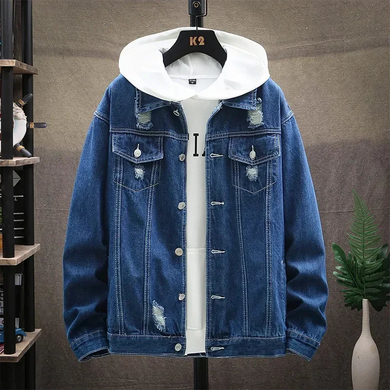 Mens Classic Casual and Fashionable Allmatch Ripped Denim Jacket for Spring Autumn in European American Styles 250614