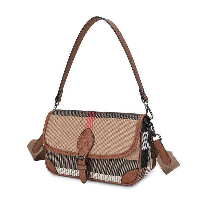Wide Strap Shoulder Bags For Women 2024 New High Quality Leather Canvas Plaid Handbags And Purses Designer Underarm Bag