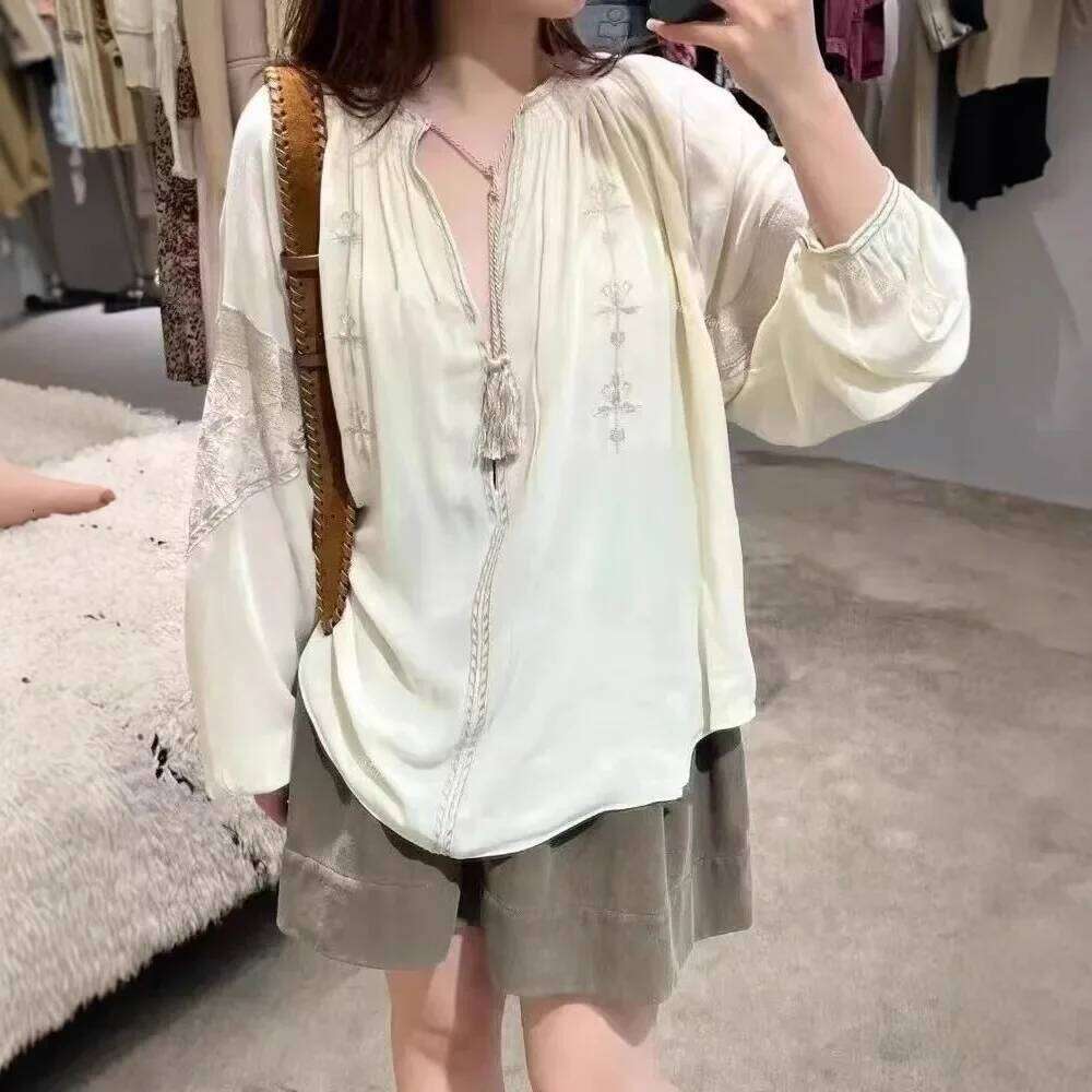 Women 2025 Spring Summer New Vintage Ethnic Embroidery Deep V Tassel Lace-Up Light And Loose Casual Shirt