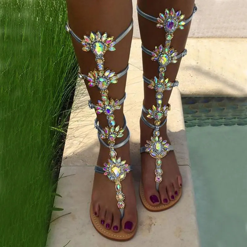 Sexy Woman Bohemia Sandal Boots Rhinestone Lady Knee High Boots flat thong rhinestone boots Crystal Dress Summer Shoes Sandal 250610