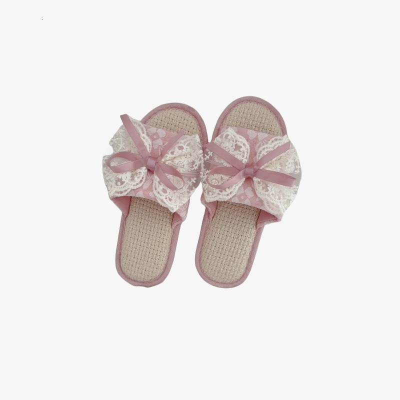 Ladies' breathable linen slippers, spring and summer lace bow shoes, indoor non slip sandals, designer sandals, cotton and linen slippers