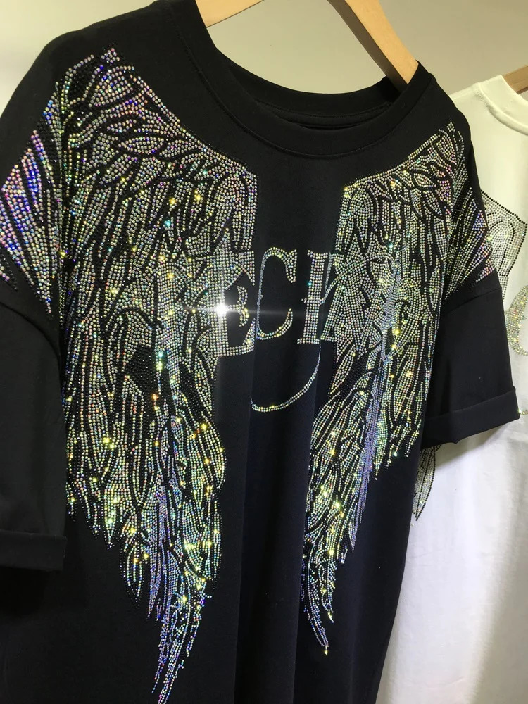 Big Size Rhinestone Wings T Shirt Plus Size Woman Clothes 150 KG Cool Streetwear Y2K Black White T-shirt Top Summer 250614