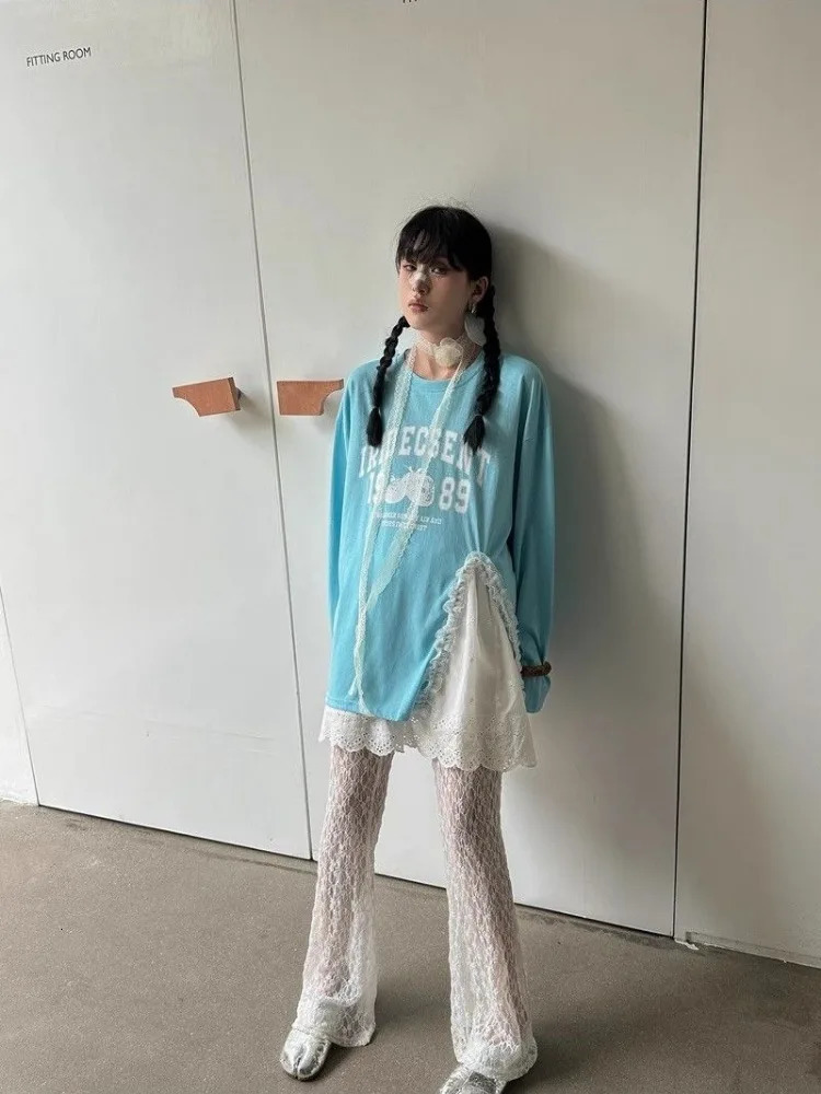 Sexy Lace Mesh White Pants for Women Y2k High Waist Hollow Out Flare Summer Thin Allmatch Straight Trousers 250612