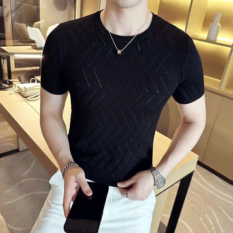 Summer Fashion Hollow Knitted Short Sleeve T-Shirts For Men Clothing O-Neck Breathable Casual Slim Fit Tee Shirt Homme Sale 250614