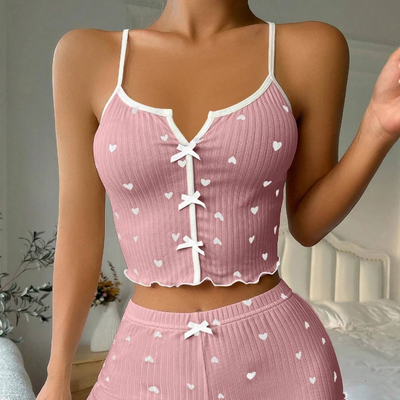 Sleepwear Women Pajamas Set Heart Print Soft Ribbed Fabric with Flirty Frill Trim Casual Cami Top and Shorts Sets Loungewear 250605