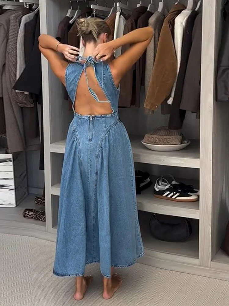 Chic Backless Pleated Female Denim Midi Dress Fashion Sleeveless Dresses for Women Summer Vintage High Waist Lady Long Vestidos 250613