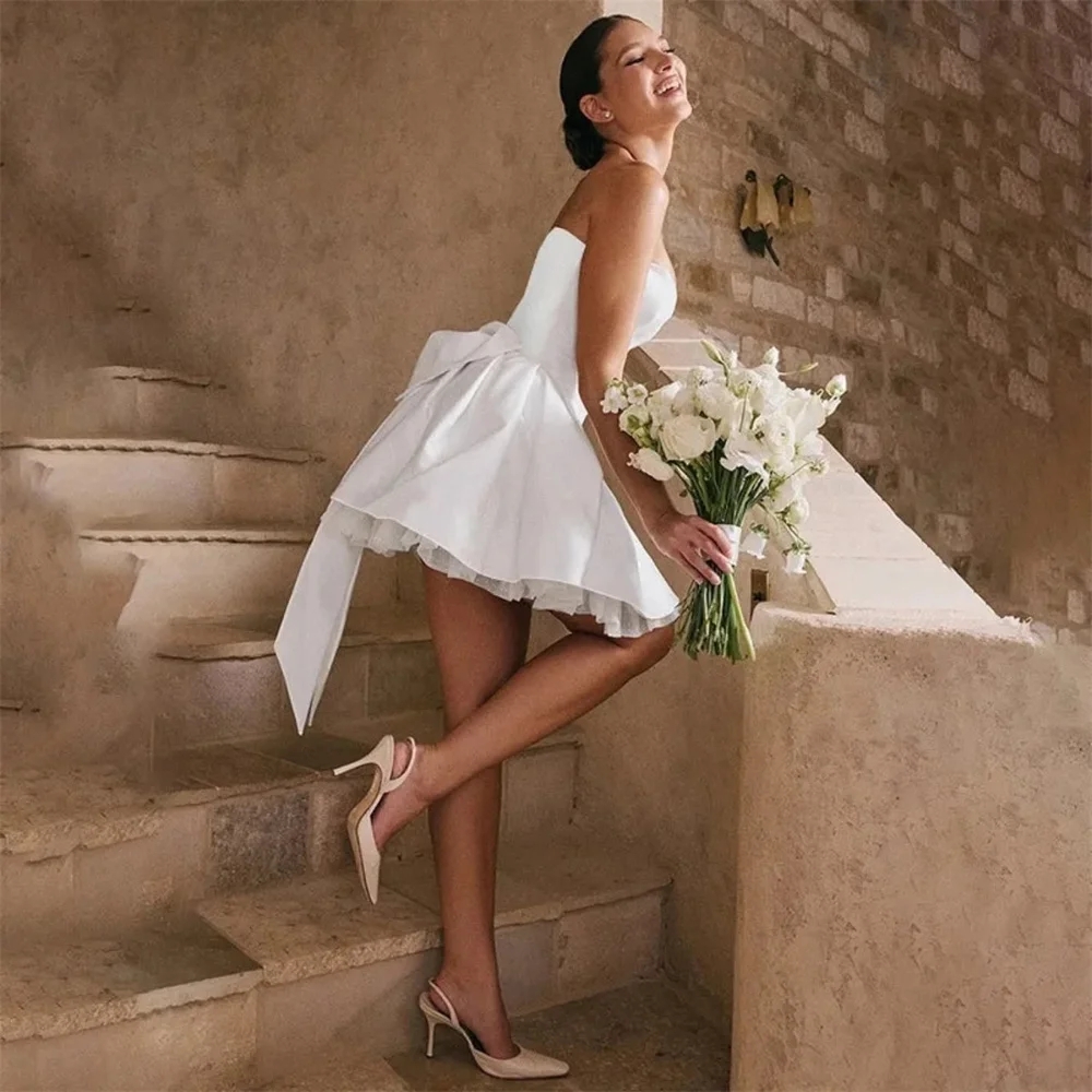 2025 New Short Wedding Dress Strapless Lace Appliques Gloves Sleveeless Bow A-Line Bride Bridal Party Gowns Vestidos De Novia