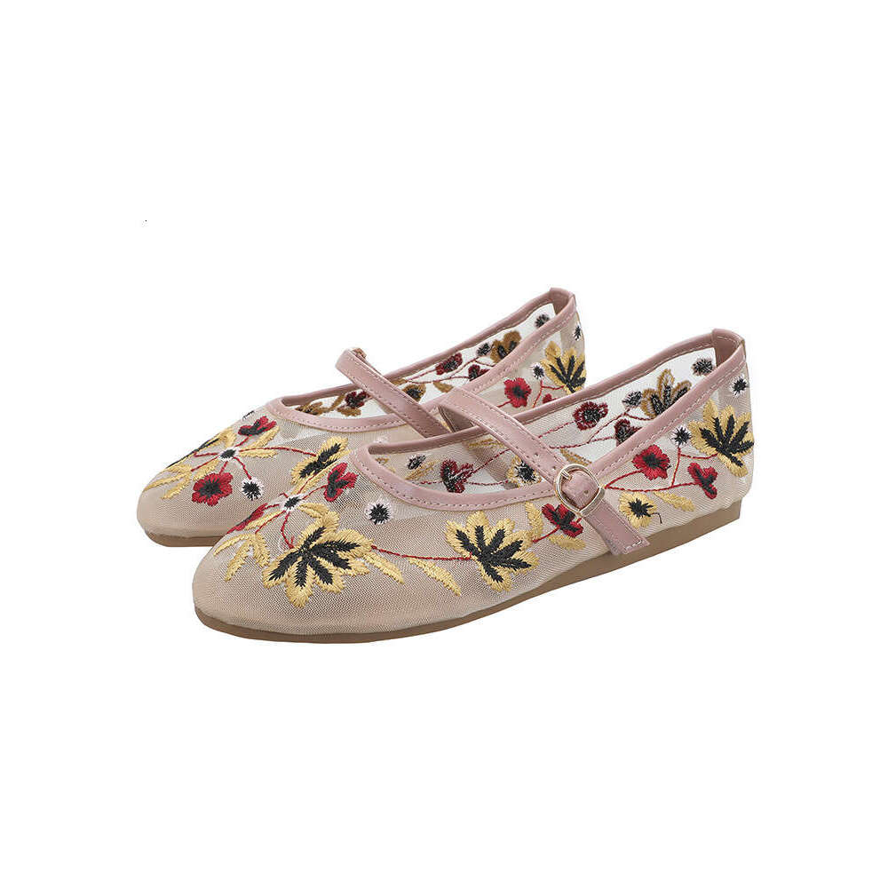 Fashion Breathable Flat for Women, One-Strap Round Toe Mary Jane NEW Single Shoes, Green Floral Embroidered Mesh Ballet Shoes
