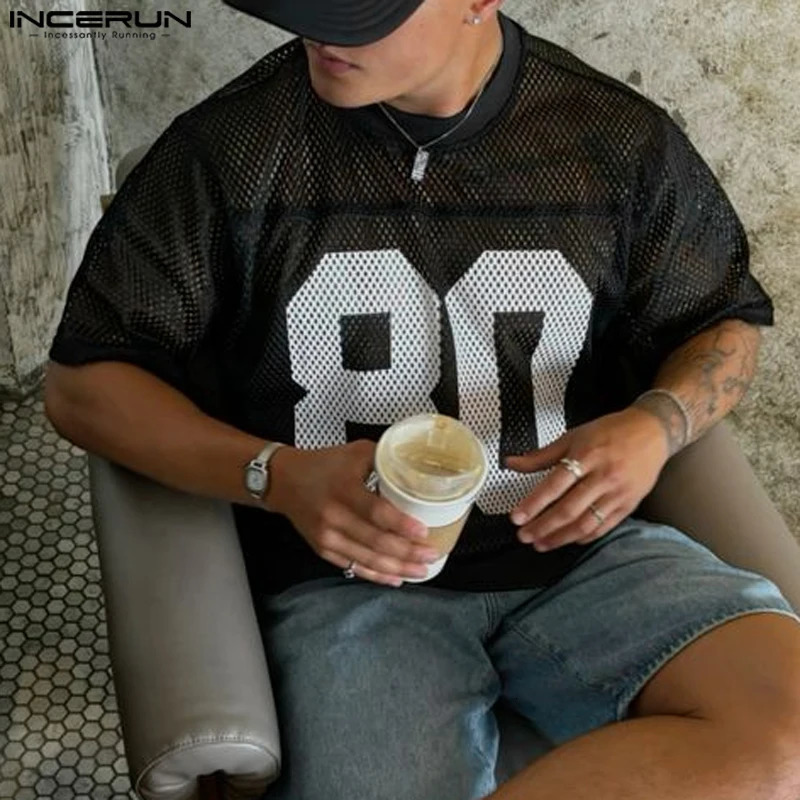INCERUN Mesh Splicing Loose T-Shirts Men Short Sleeve Hollow Casual Summer Digital Printing Oversize Tops 250614
