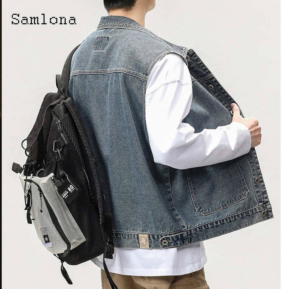 European Style Fashion Sleeveless Denim Vest Jackets Plus Size Mens Basic Top Vintage Stand Pocket Jean Outerwear 250614