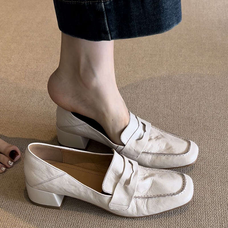 Cowhide White Loafers 2025 Spring and Autumn New hot Slip-On Casual Leather High Heel French Style Single Shoes for Women