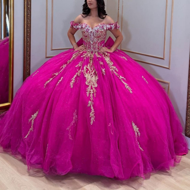 Rose Red Quinceanera Dresses Ball Gown Off The Shoulder Applique Lace Beading Crystal Bow Tull Sweet 16 Dress Vestidos 15 De Anos