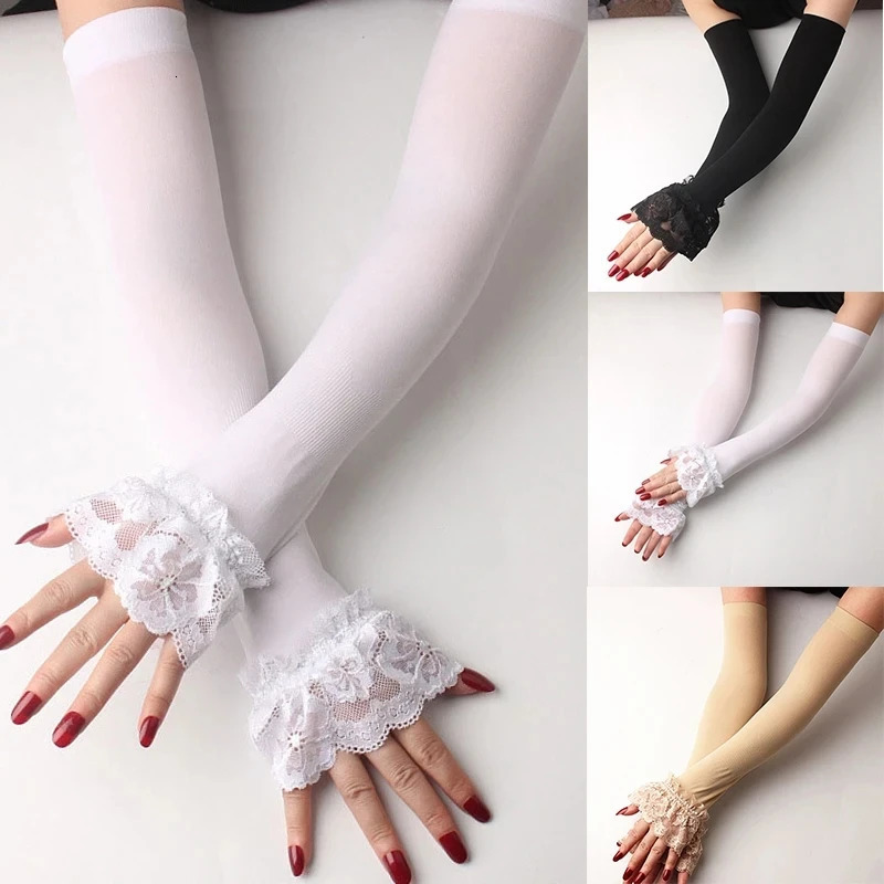 Summer Sunscreen Lace Half Sleeve UV Protection Ice Silk Arm Sleeves Lady Driving Cycling Long Gloves Hand Protector Cover G122 250610