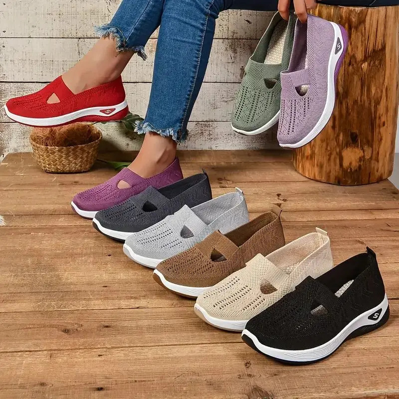 Soft Sole Knitted Sneakers For Women Breathable Comfort Casual Sports Shoes Woman Lightweight Hollow Out Mesh Flats Summer Shoes 250613