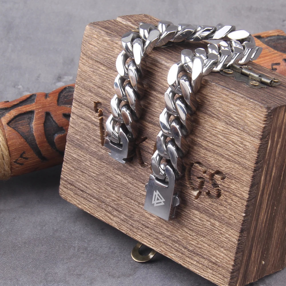 Never Fade Stainless Steel Vikings Bracelets For Men Blank Color Punk Curb Cuban Link Chain Bracelets with gift wooden box 250610