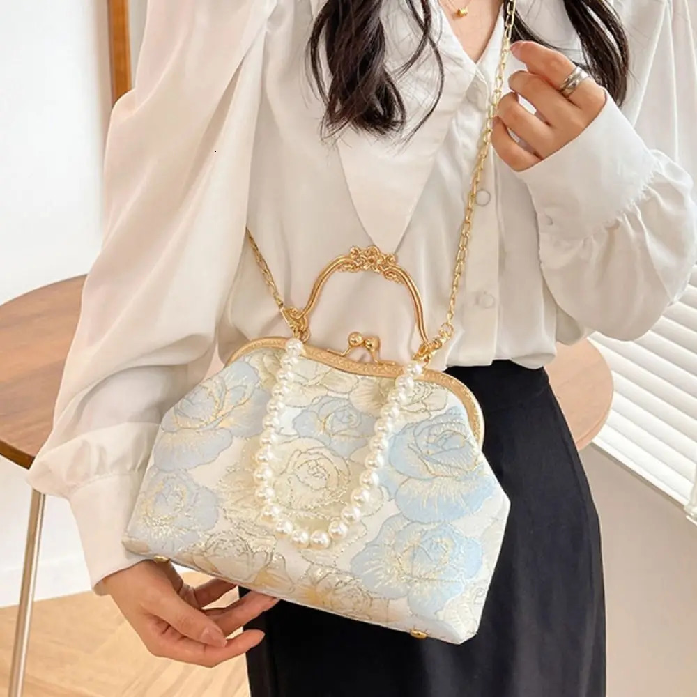 Sweet Embroidery Chinese Style Handbag Pearl Chain Ladies Evening Bags Shoulder Elegant Hanfu Shell Bag Cheongsam Accessories 250614