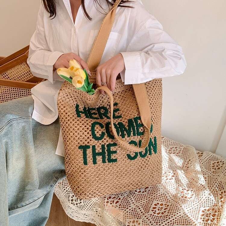 Letter Embroidery New Style Machine Woven Straw Large Capacity Shoulder Beach Tote Bag