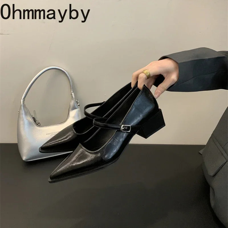 Retro Style Thick Heel Women Mary Jane Shoes Fashion Shallow Pointed Toe Ladies Comfort Office Pumps Footwear 250703