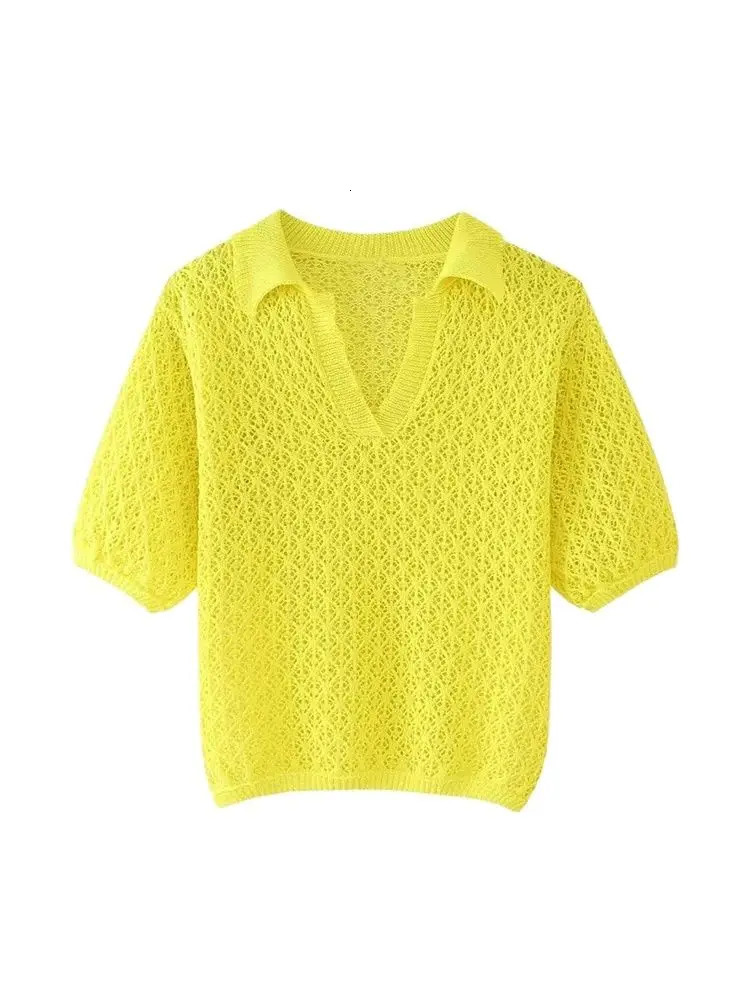 TRZA Women Fashion Pointelle Knit Loose Sweater Polo Collar Short Sleeve Female Pullovers Chic Tops 250612