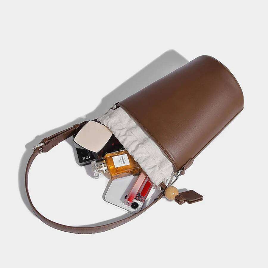 Korean drawstring cylinder design bucket bag female solid purse handbags fashion trend pu leather single shoulder crossbody bags