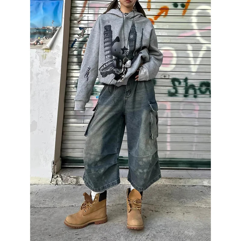 ZHIZOU Womens Summer Vintage High Waist Blue Retro Washed Denim Shorts Fashion Casual Loose Fit Y2K Streetwear Mid Long Short 250609