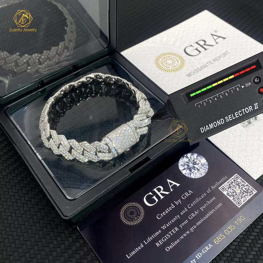 Mossanite Hip Hop Jewelry 8-12mm Pass Diamond Tester 925 Sterling Silver VVS Moissanite Iced Out Cuban Link Bracelet for Mens