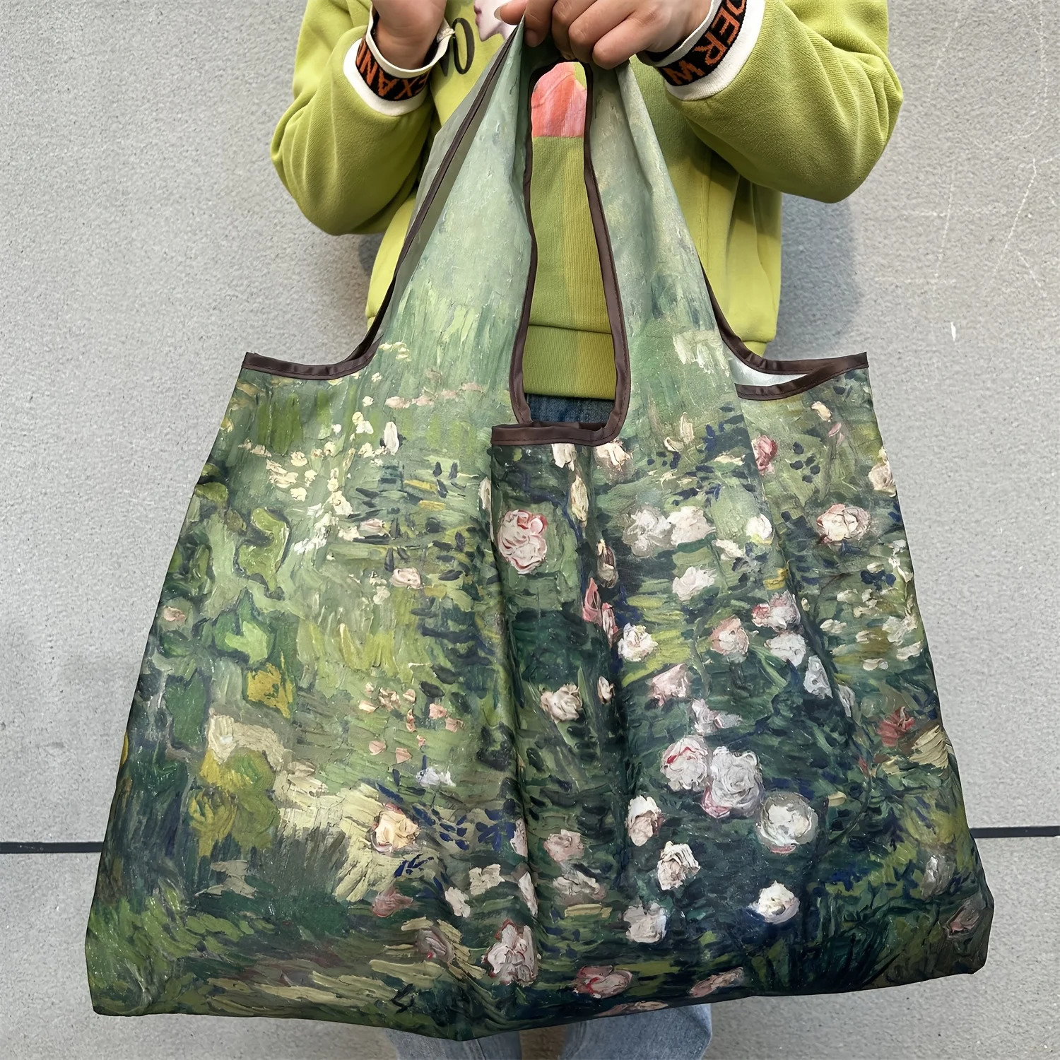 Rose Oil Painting Fashion Bag Foldable Shopping Bag Reusable Grocery Storage Bag Nylon Portable Shoulder Handbag Travel Tote Bag 250610