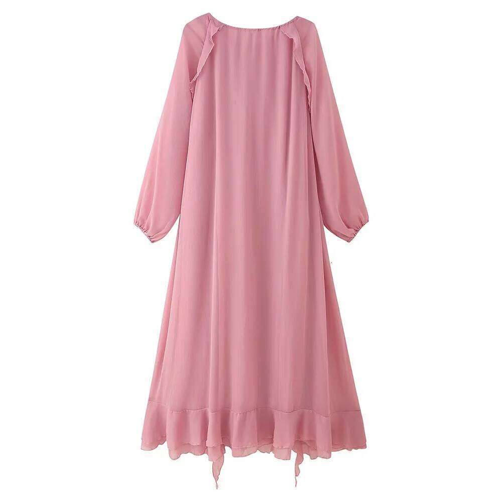 Women's Temperament Layered Ruffle Edge Lace Up Chiffon Dress Summer New V-Neck Sleeved Loose Long Skirt